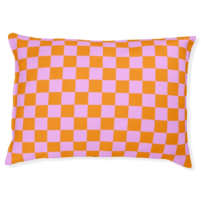 Orange + Pink Check Checkered Checkerboard Pattern Pet Bed (Front)
