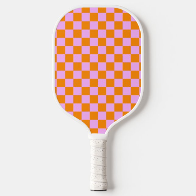 Orange + Pink Check Checkered Checkerboard Pattern Pickleball Paddle (Front)