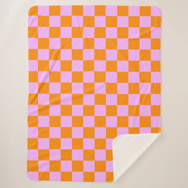 Orange + Pink Check Checkered Checkerboard Pattern Sherpa Blanket (Front)