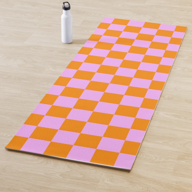 Orange + Pink Check Checkered Checkerboard Pattern Yoga Mat (In Situ)