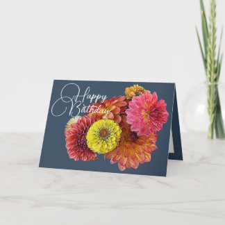 Orange Pink Dahlias Yellow Zinnia Floral Birthday Card