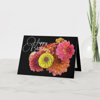 Orange Pink Dahlias Yellow Zinnia Floral Birthday Card