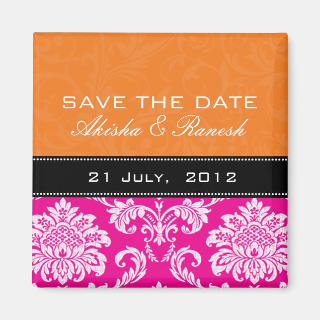 Orange Pink Damask Save the Date Magnet (Front)