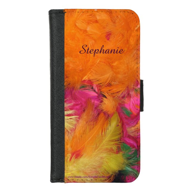 Orange Pink Feathers FUN, Name,  iPhone Wallet Case (Front)