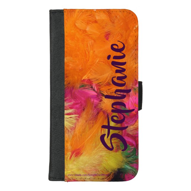 Orange Pink Feathers with Jumbo Name iPhone Wallet Case (Front)