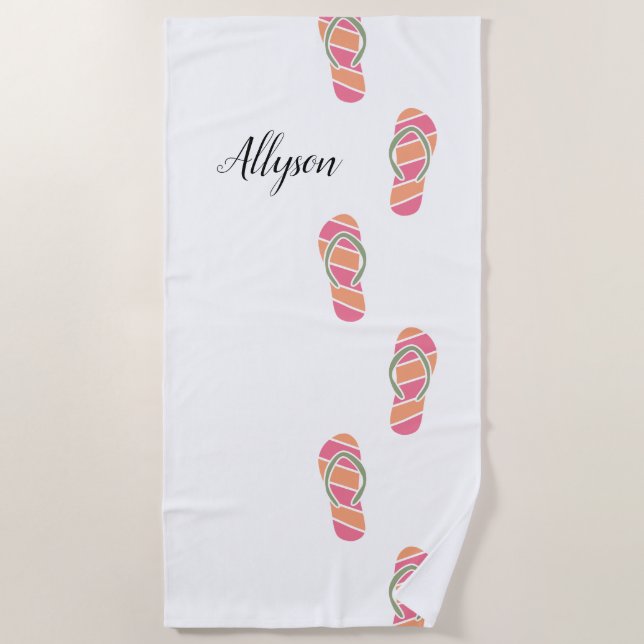Orange & Pink Flip Flops, Black Script Name, White Beach Towel (Front)