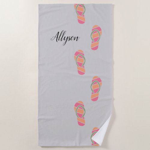 Orange  Pink Flip Flops Blk Script Name Lt Grey Beach Towel