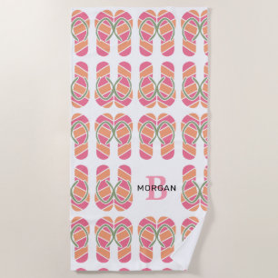 Orange & Pink Flip Flops, Name & Large Monogram Be Beach Towel