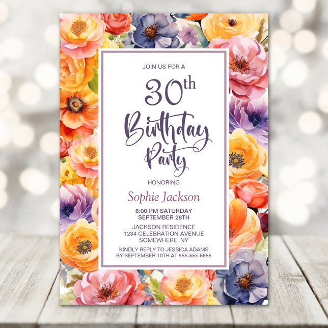 Orange Pink Floral 30th Birthday Party Invitation (Creator Uploaded)