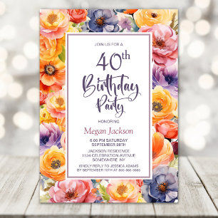 Orange Pink Floral 40th Birthday Party Invitation