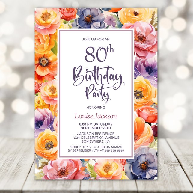 Orange Pink Floral 80th Birthday Party Invitation (Creator Uploaded)