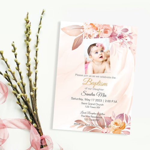 Orange Pink Floral Baptism Invitation