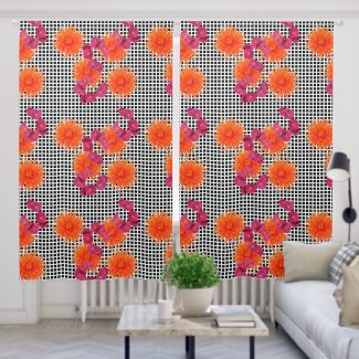 Orange Pink Floral Black White Check Drapes