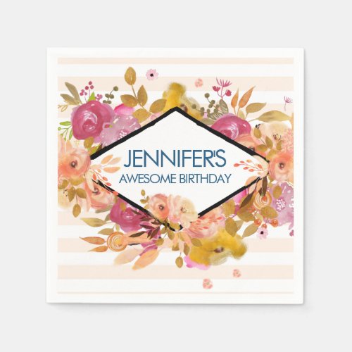 Orange  Pink Floral Bouquet Birthday Napkins