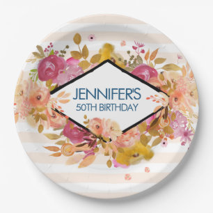 Orange & Pink Floral Bouquet Birthday Paper Plates