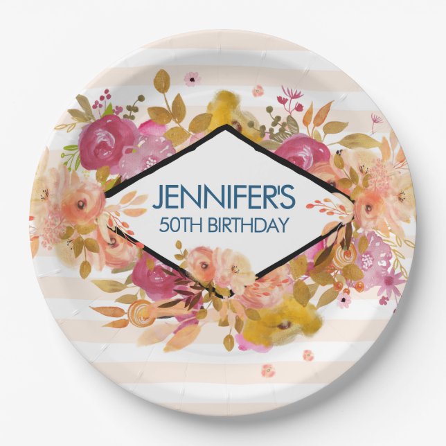 Orange & Pink Floral Bouquet Birthday Paper Plates (Front)