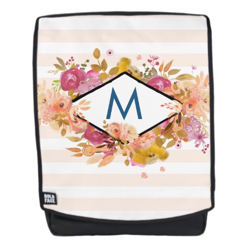 Orange  Pink Floral Bouquet Monogram Backpack