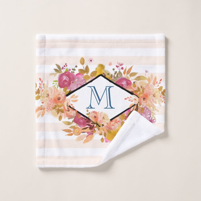 Orange & Pink Floral Bouquet Monogram Bath Towel Set (Wash Cloth)