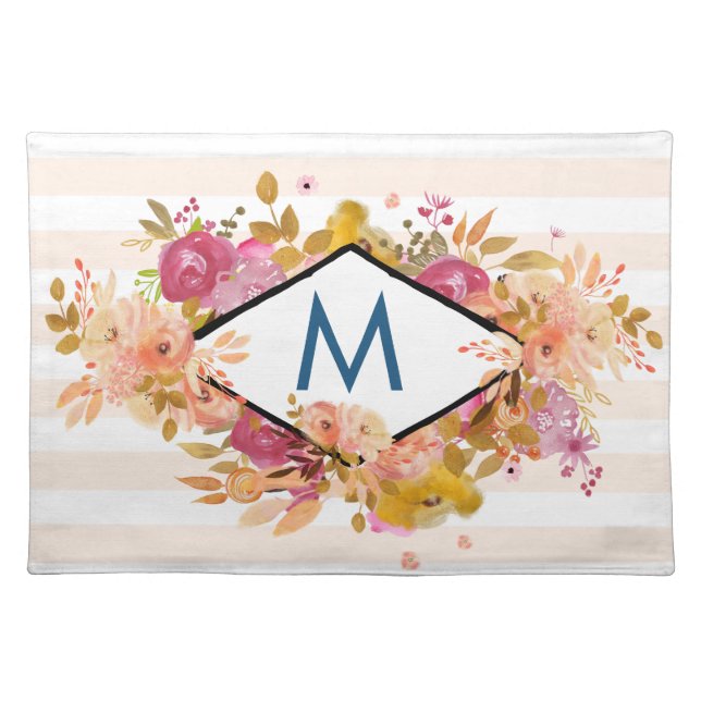 Orange & Pink Floral Bouquet Monogram Cloth Placemat (Front)