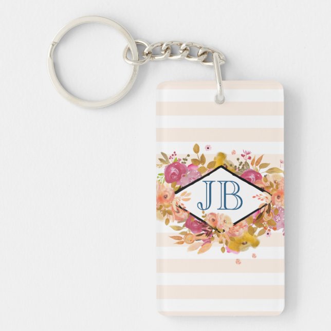 Orange & Pink Floral Bouquet Monogram Keychain (Front)