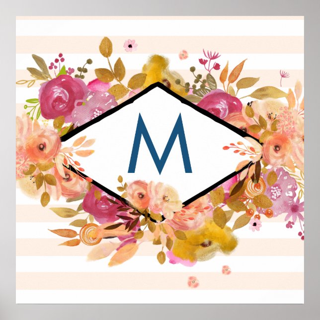 Orange & Pink Floral Bouquet  Monogram Poster (Front)