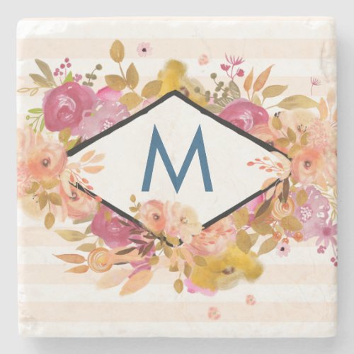 Orange  Pink Floral Bouquet Monogram Stone Coaster