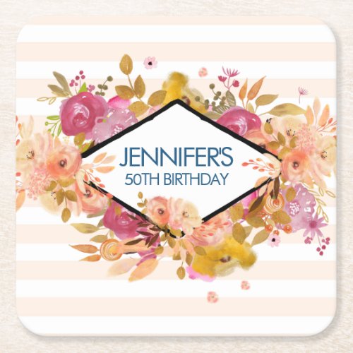 Orange  Pink Floral Bouquet Party Square Paper Coaster