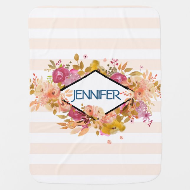 Orange & Pink Floral Bouquet w/ Diamond Frame Baby Blanket (Front)