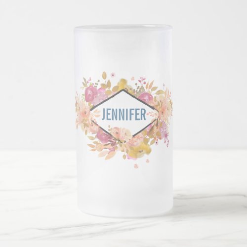 Orange  Pink Floral Bouquet w Diamond Frame Frosted Glass Beer Mug