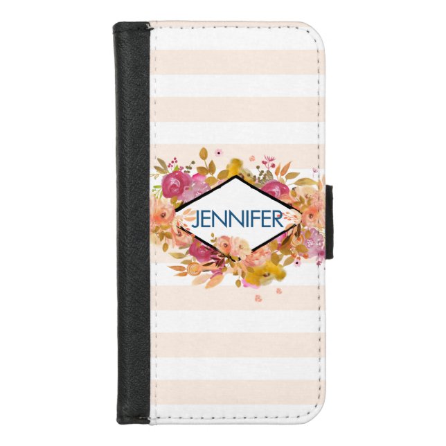 Orange & Pink Floral Bouquet w/ Diamond Frame iPhone Wallet Case (Front)