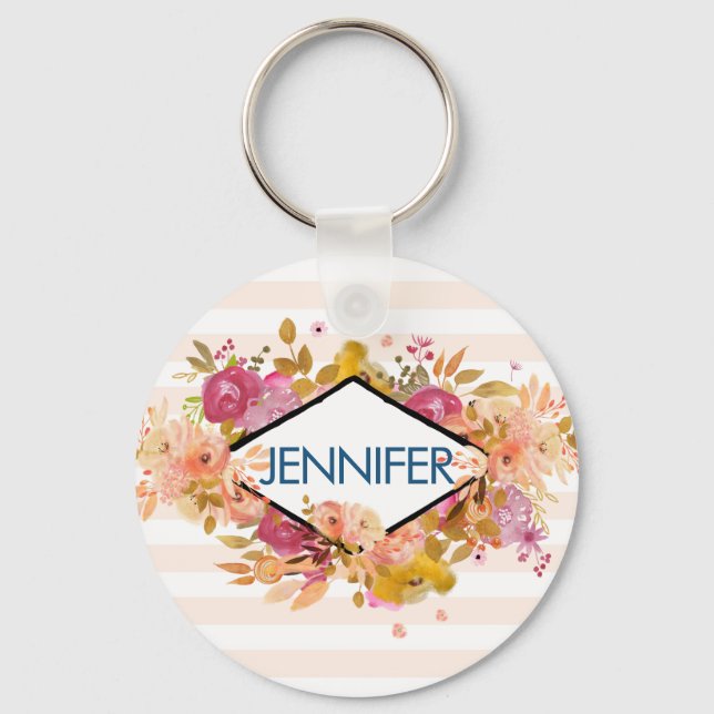 Orange & Pink Floral Bouquet w/ Diamond Frame Keychain (Front)