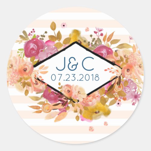 Orange  Pink Floral Bouquet Wedding Classic Round Sticker