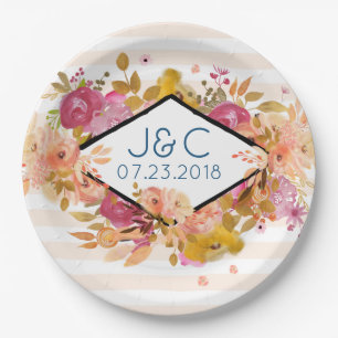 Orange & Pink Floral Bouquet Wedding Paper Plates