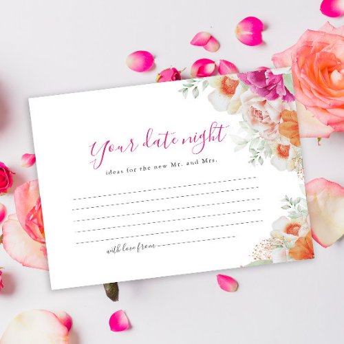 Orange  Pink Floral Bridal Shower Date Night Idea Enclosure Card