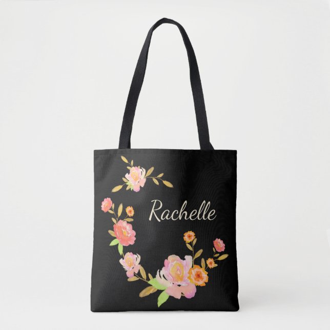 Orange & Pink Floral Custom Monogram Tote Bag (Front)