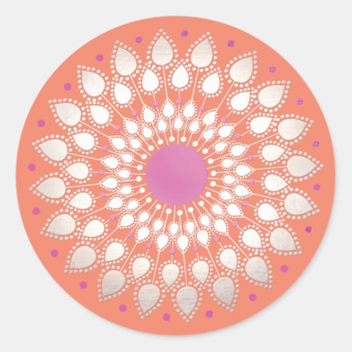 Orange Pink Floral Lotus Mandala Flower Classic Round Sticker