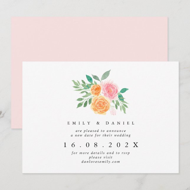 Orange & Pink Floral New Wedding Date Invitation (Front/Back)