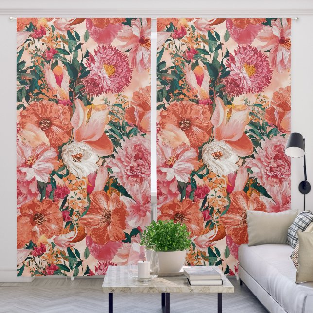 Orange Pink Floral Pattern Blackout Curtains (Living Room)