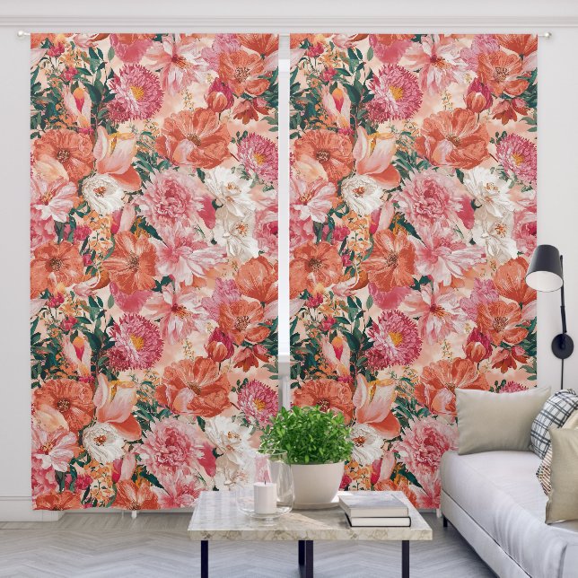 Orange Pink Floral Pattern Blackout Curtains (Living Room)