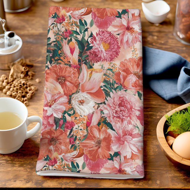 Orange Pink Floral Pattern Kitchen Towel (Creator Uploaded)