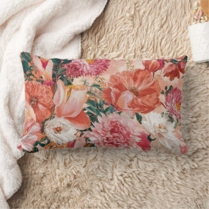 Orange Pink Floral Pattern Lumbar Pillow
