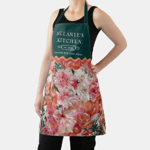Orange Pink Floral Pattern Monogram Apron