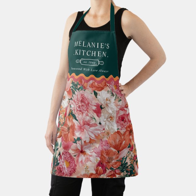 Orange Pink Floral Pattern Monogram Apron (Insitu)