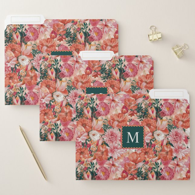 Orange Pink Floral Pattern Monogram File Folder (Set)