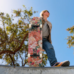 Orange Pink Floral Pattern Skateboard