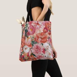 Orange Pink Floral Pattern Tote Bag
