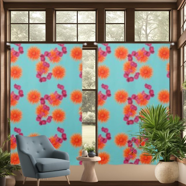 Orange Pink Floral Patterned Blue Drapes Curtains (Orange Pink Floral Patterned Blue Drapes Curtains)