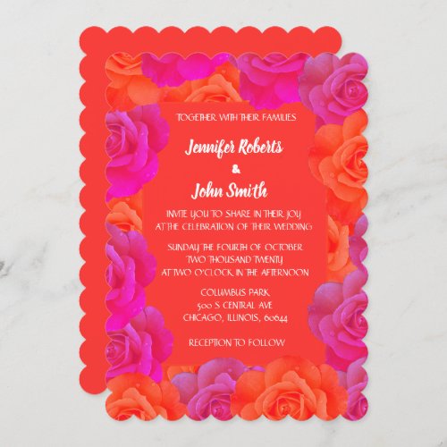 Orange Pink Floral Rose Patterns QR Code Wedding Invitation