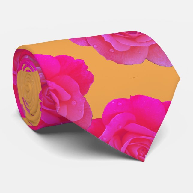 Orange Pink Floral Rose Stylish Gift Party Favor Neck Tie (Rolled)