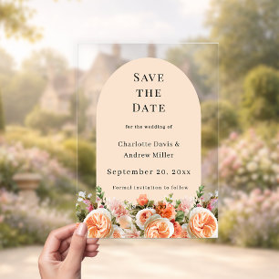 Orange pink floral wedding arac Save the Date Card